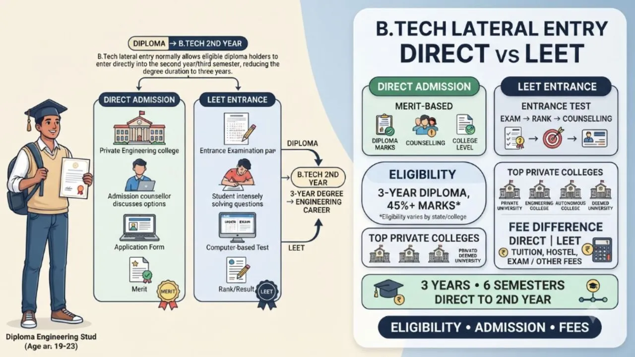 B.Tech Lateral Entry Direct Admission vs LEET Entrance: Eligibility, Top Private Colleges & Fee Differences