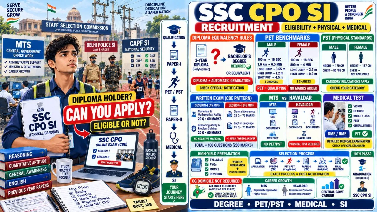 SSC CPO SI Recruitment: Diploma Equivalency Rules, Physical Efficiency Test Benchmarks & Medical Criteria